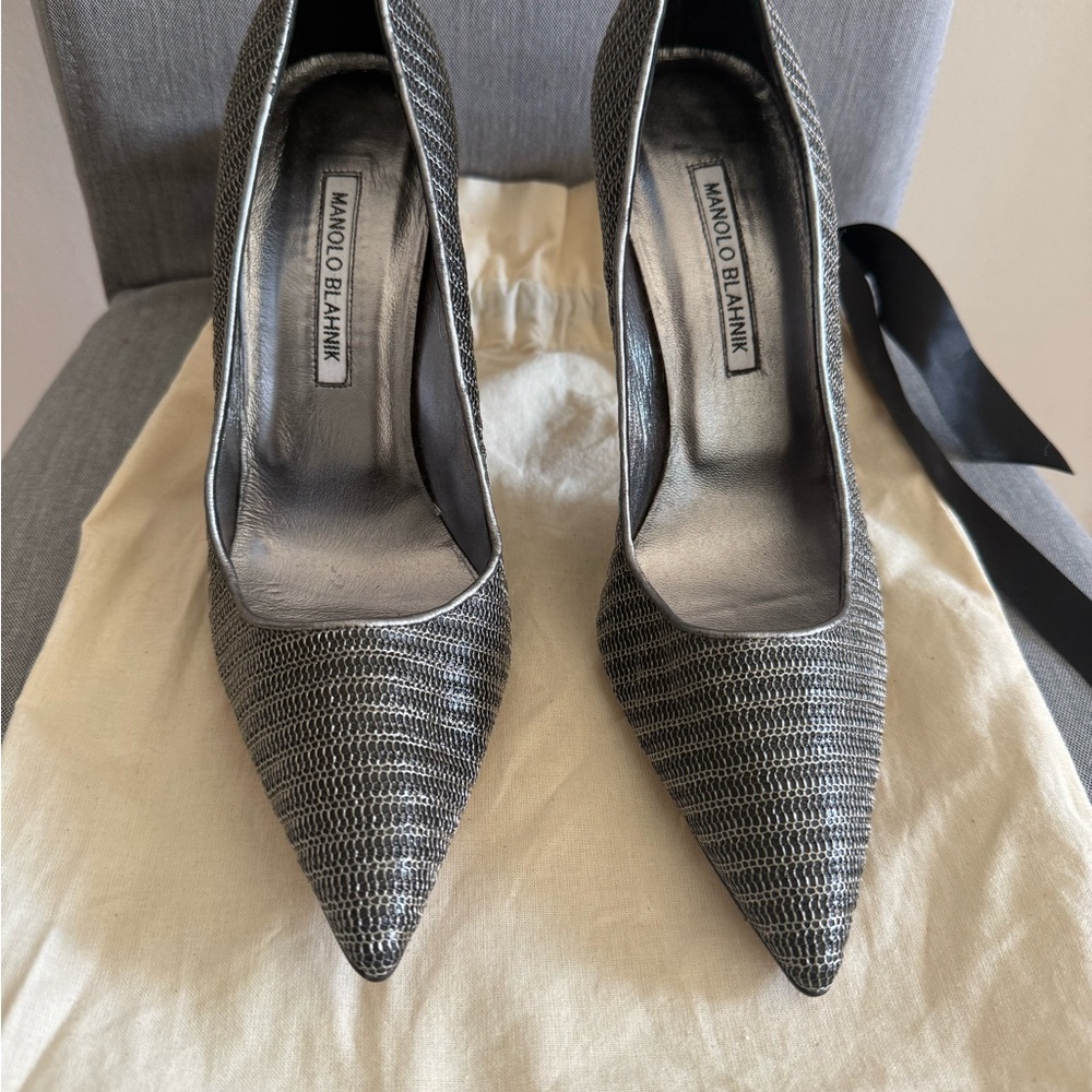 Manolo Blahnik Silver Mesh Textured Heels